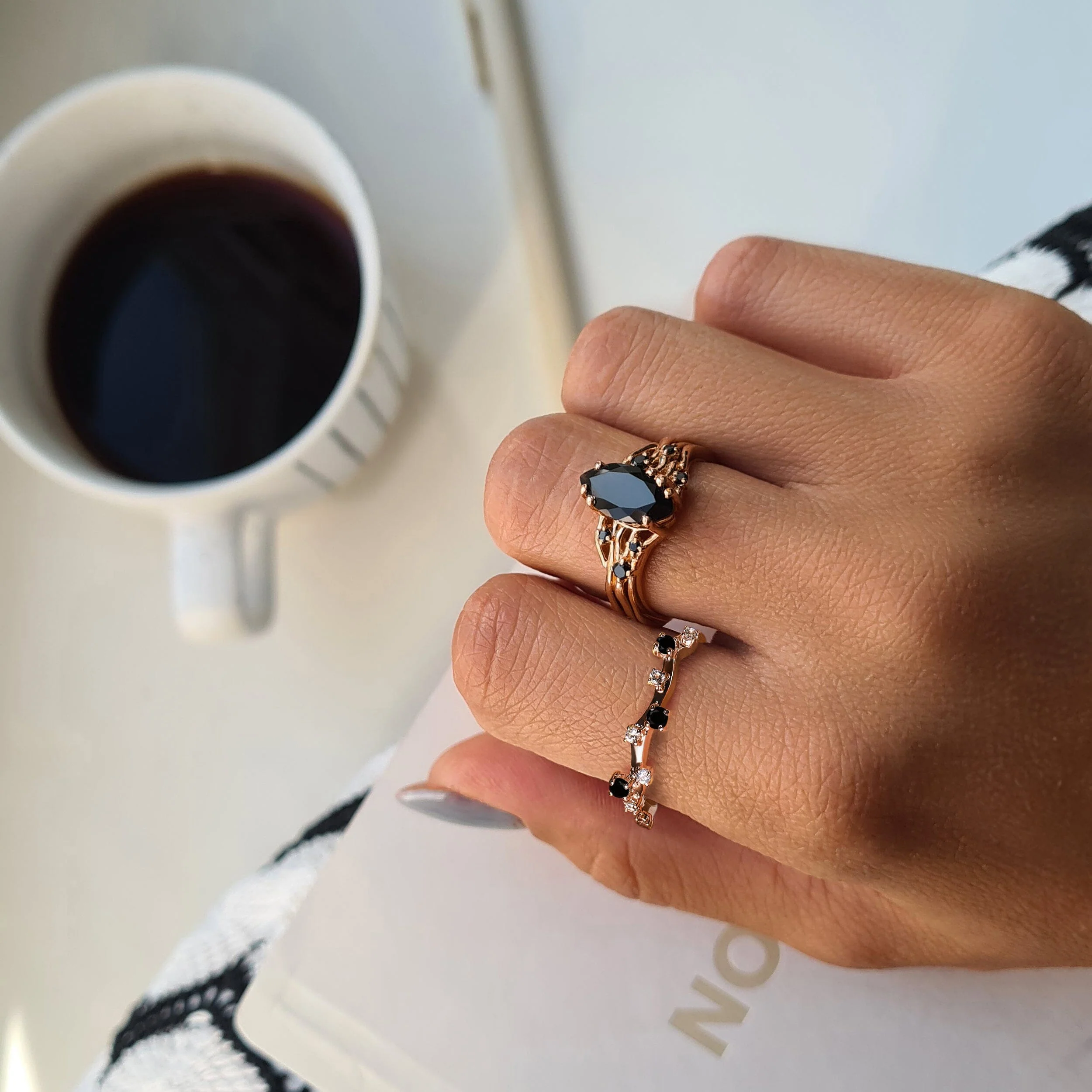 Black Obsidian Black Spinel Ring - Radiance & Black Onyx Ring - Stardust Band - Image 11