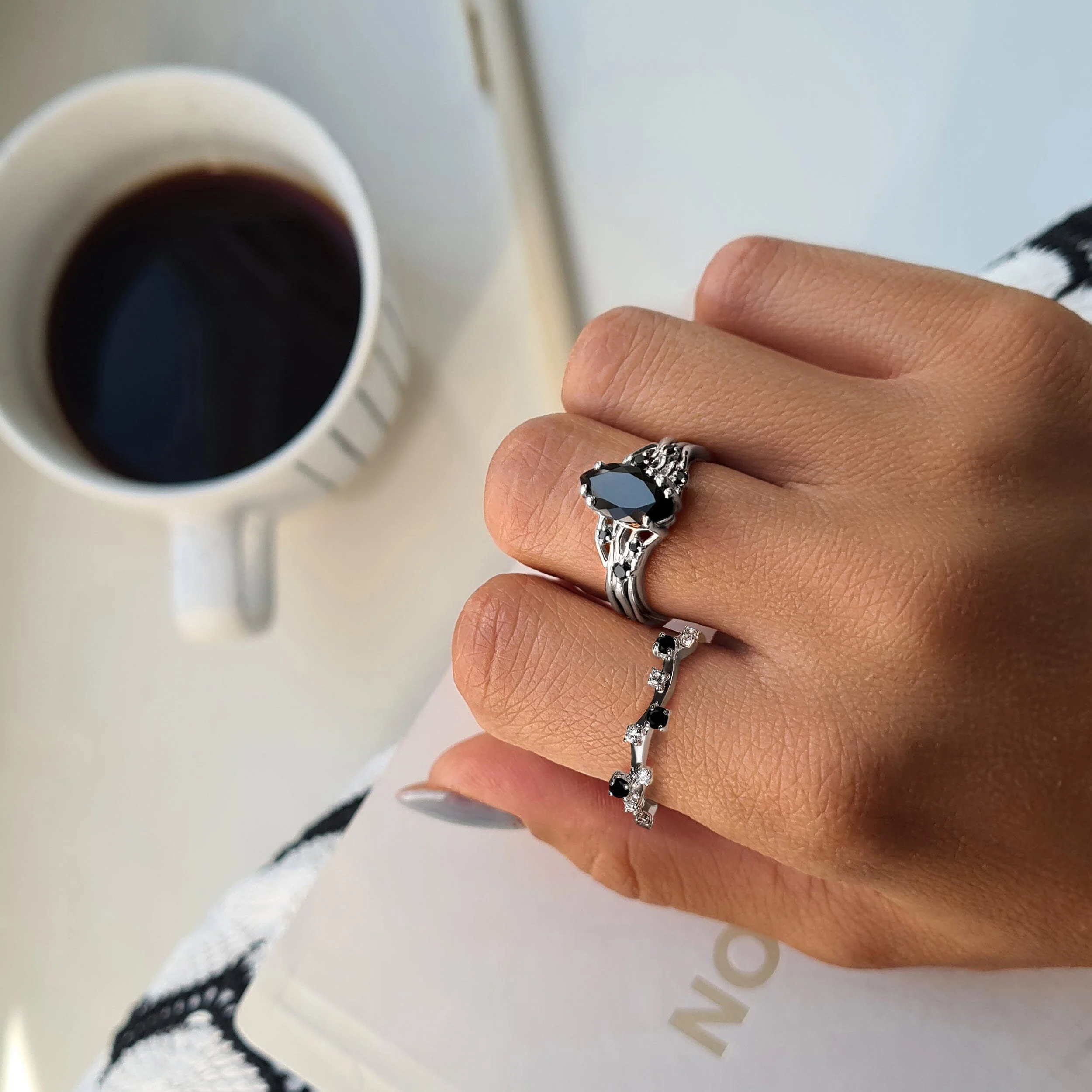 Black Obsidian Black Spinel Ring - Radiance & Black Onyx Ring - Stardust Band - Image 9