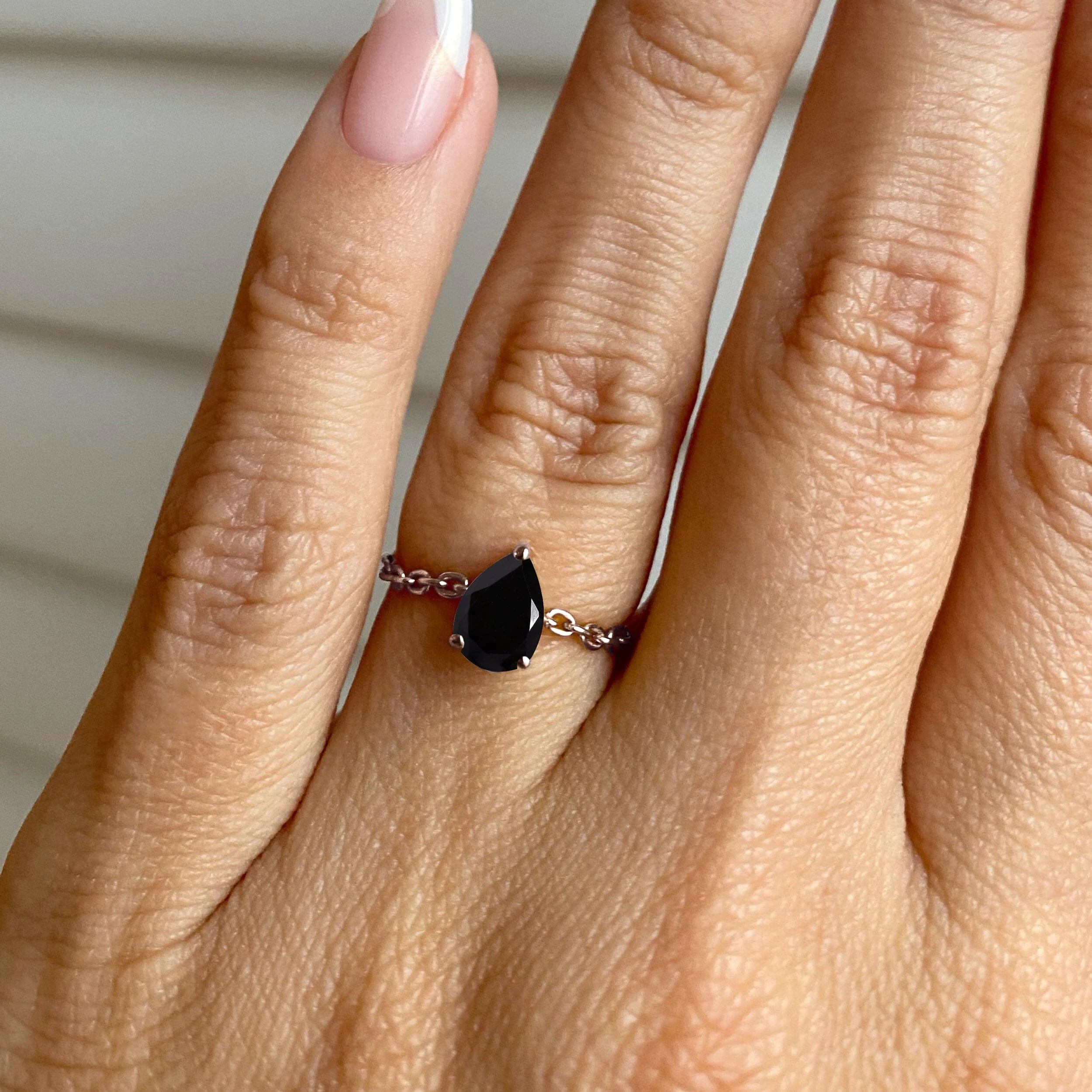 Black Obsidian Adjustable Chain Ring - Dew Drop - Image 2