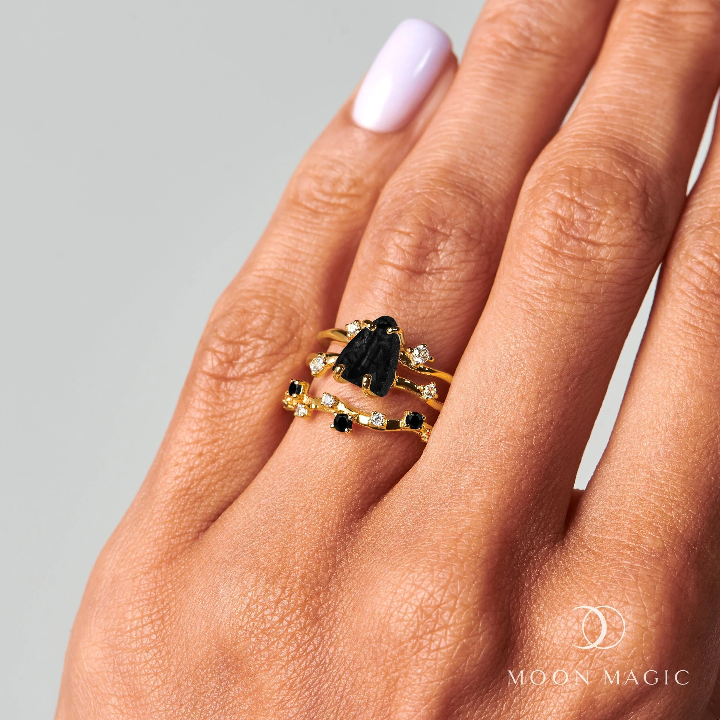 Black Obsidian Flow Ring & Black Onyx Stardust Band - Image 28