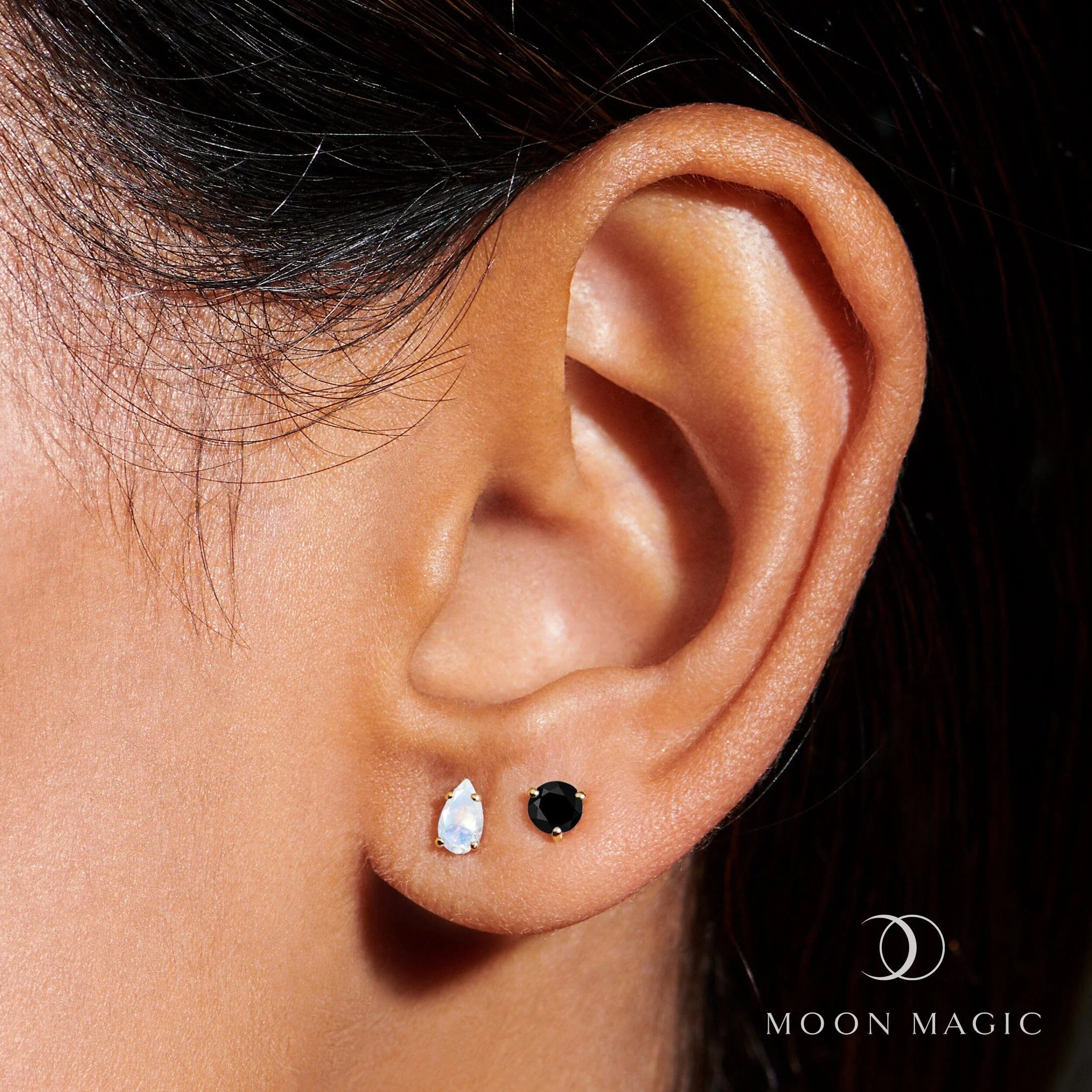 Black Obsidian Moonstone Petite Round & Teardrop Studs - Image 6