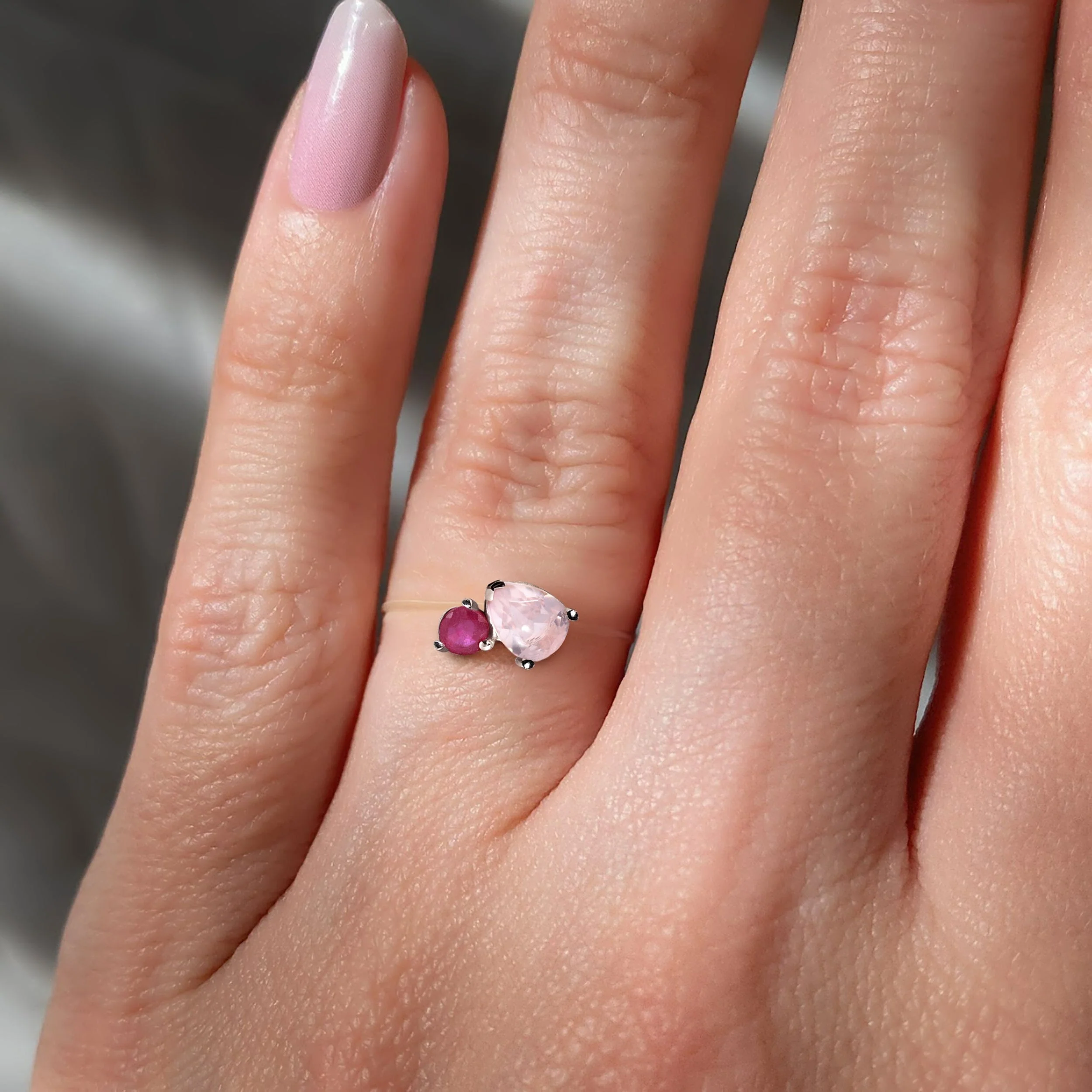 Floating Ring - Toi Et Moi Rose Quartz & Ruby - Image 2