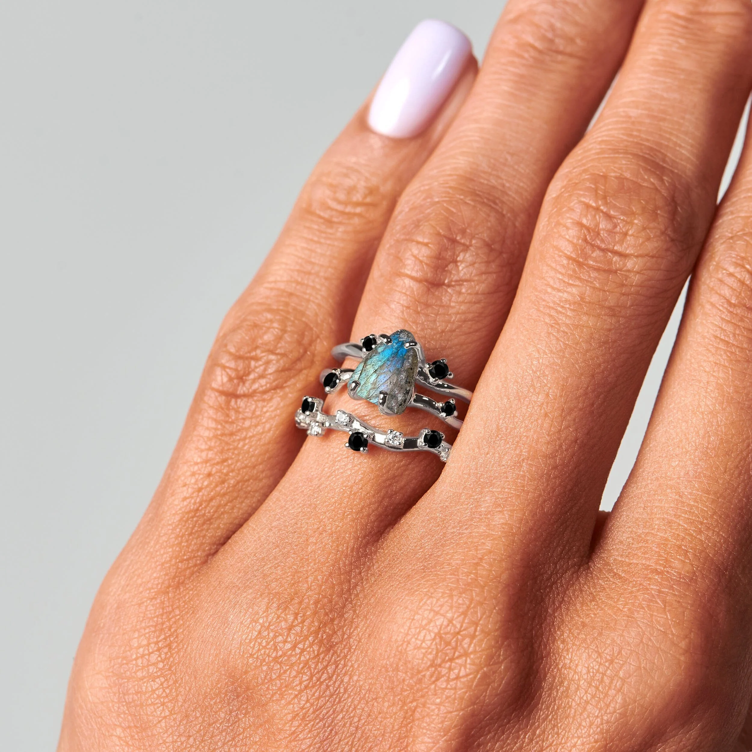 Labradorite Flow Ring & Black Onyx Stardust Band - Image 2
