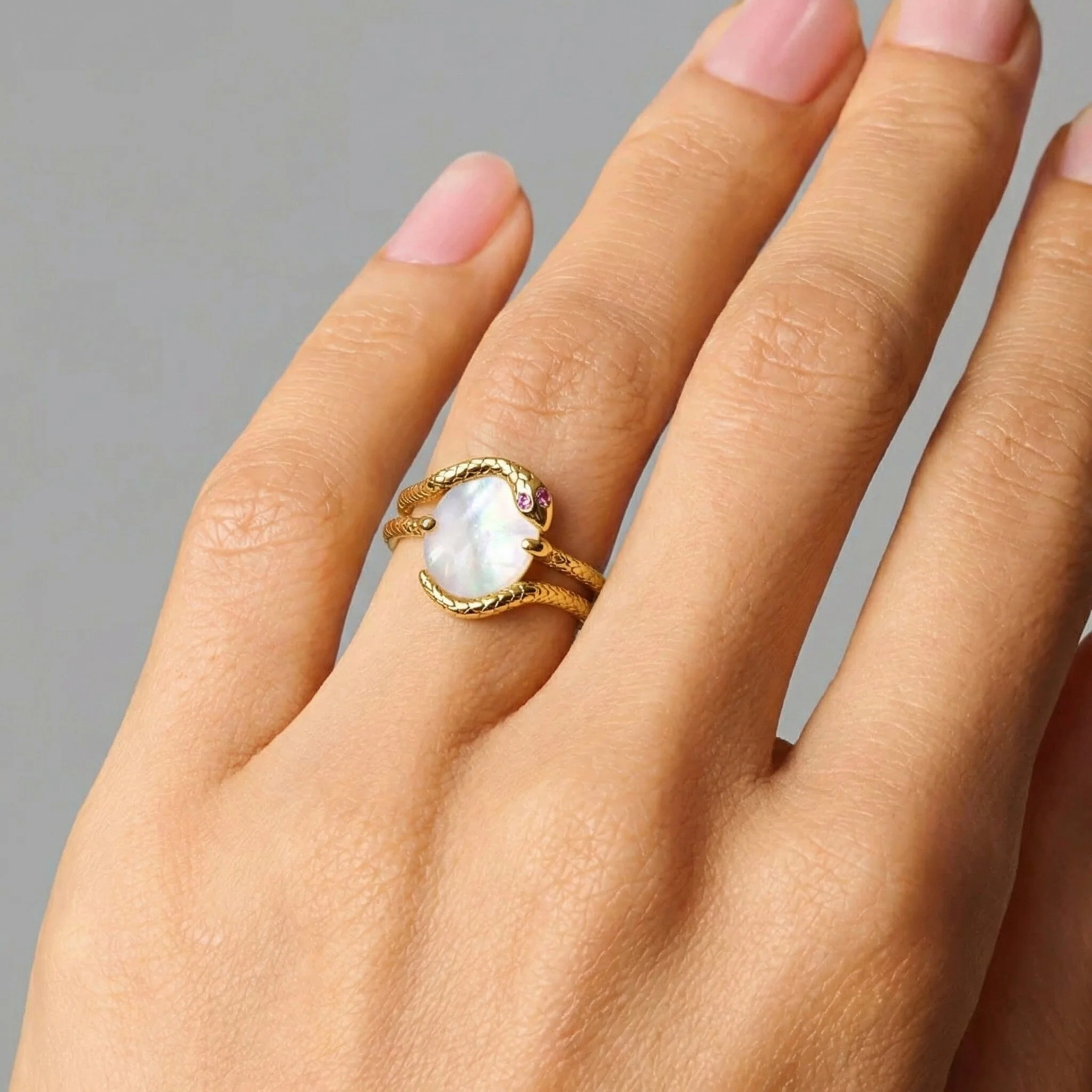 Mother of Pearl Ruby Ring - Serpent of Femininity - Image 8
