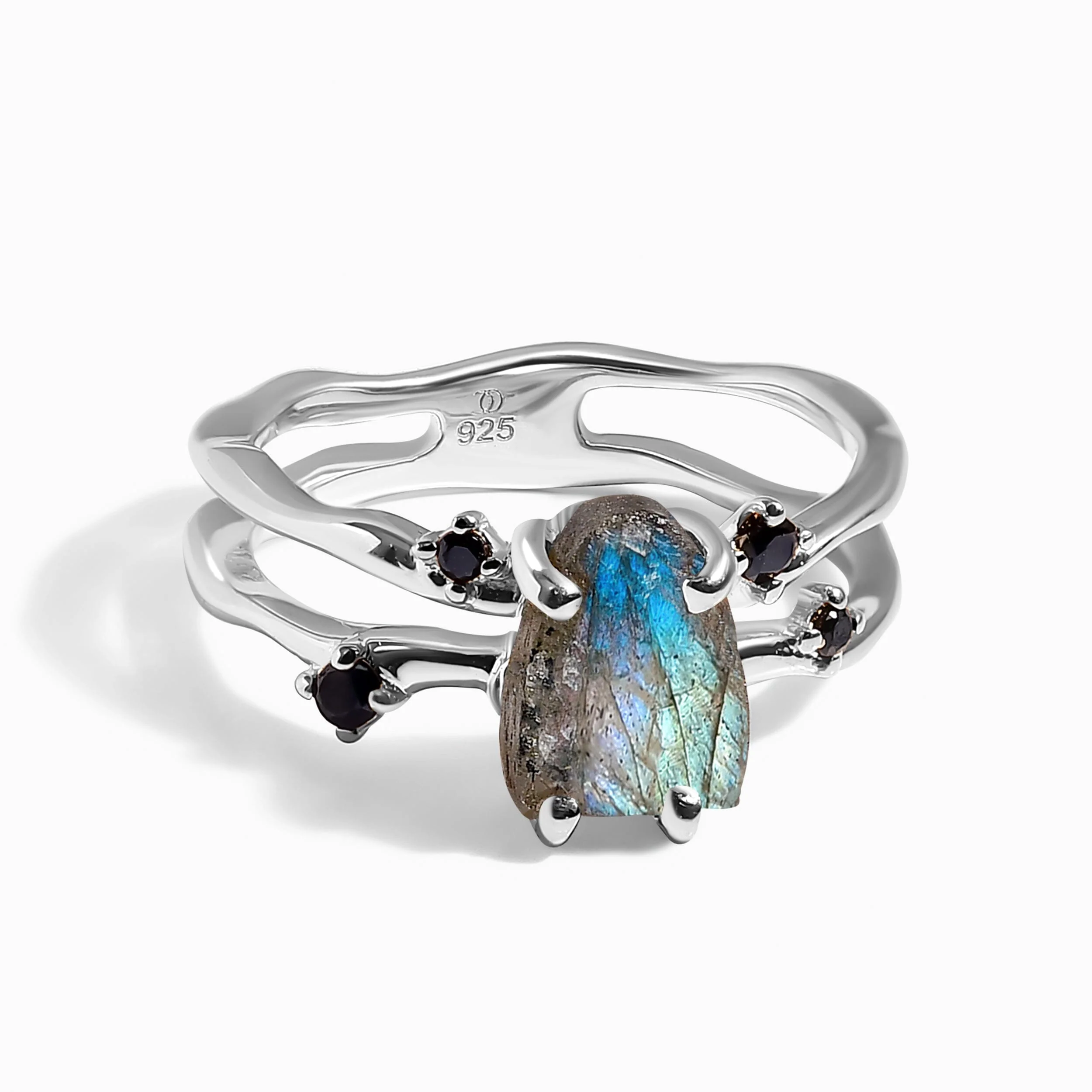Raw Crystal Ring - Flow Labradorite Black Spinel