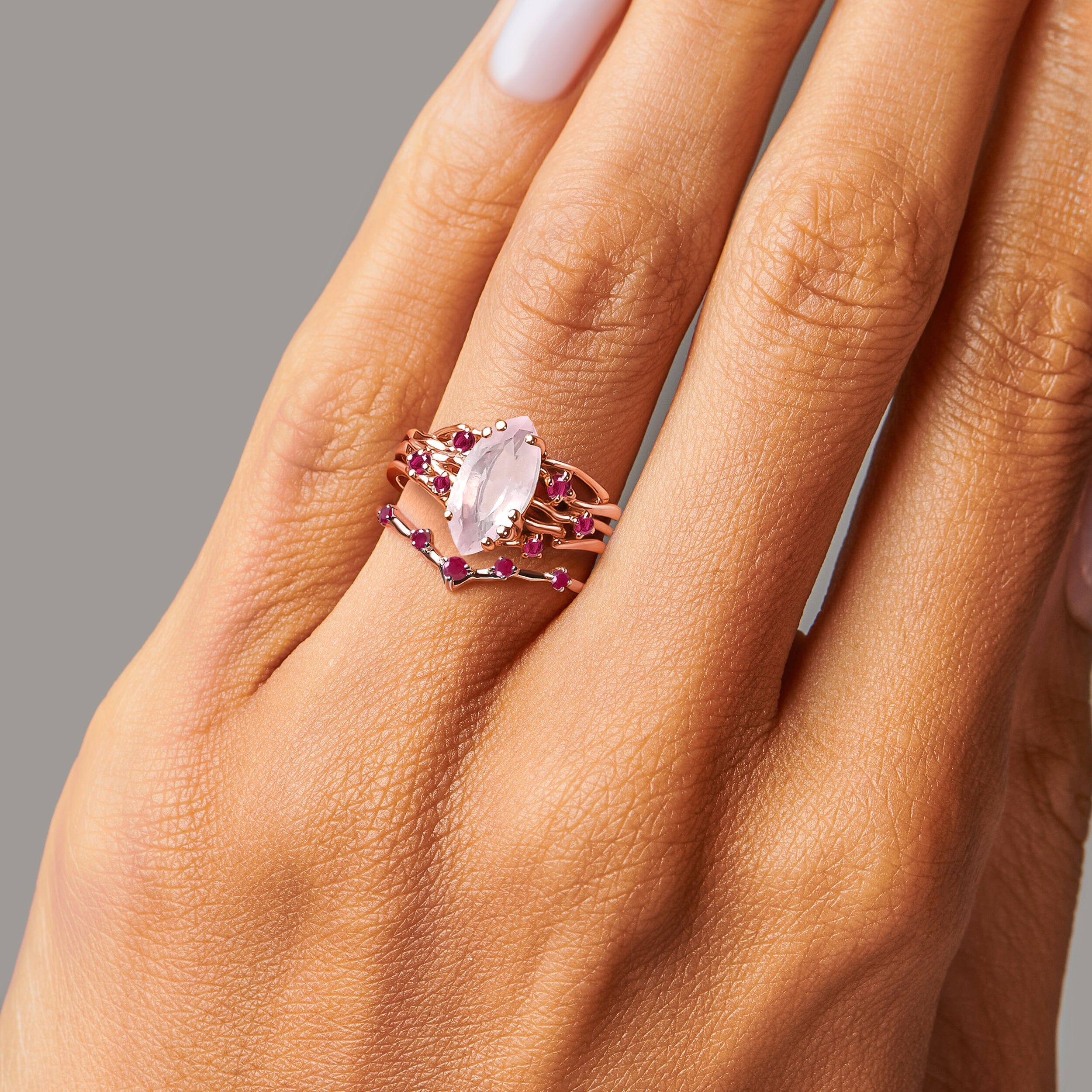 Rose Quartz Ruby Radiance Ring & Cosmic Crown Band - Image 6