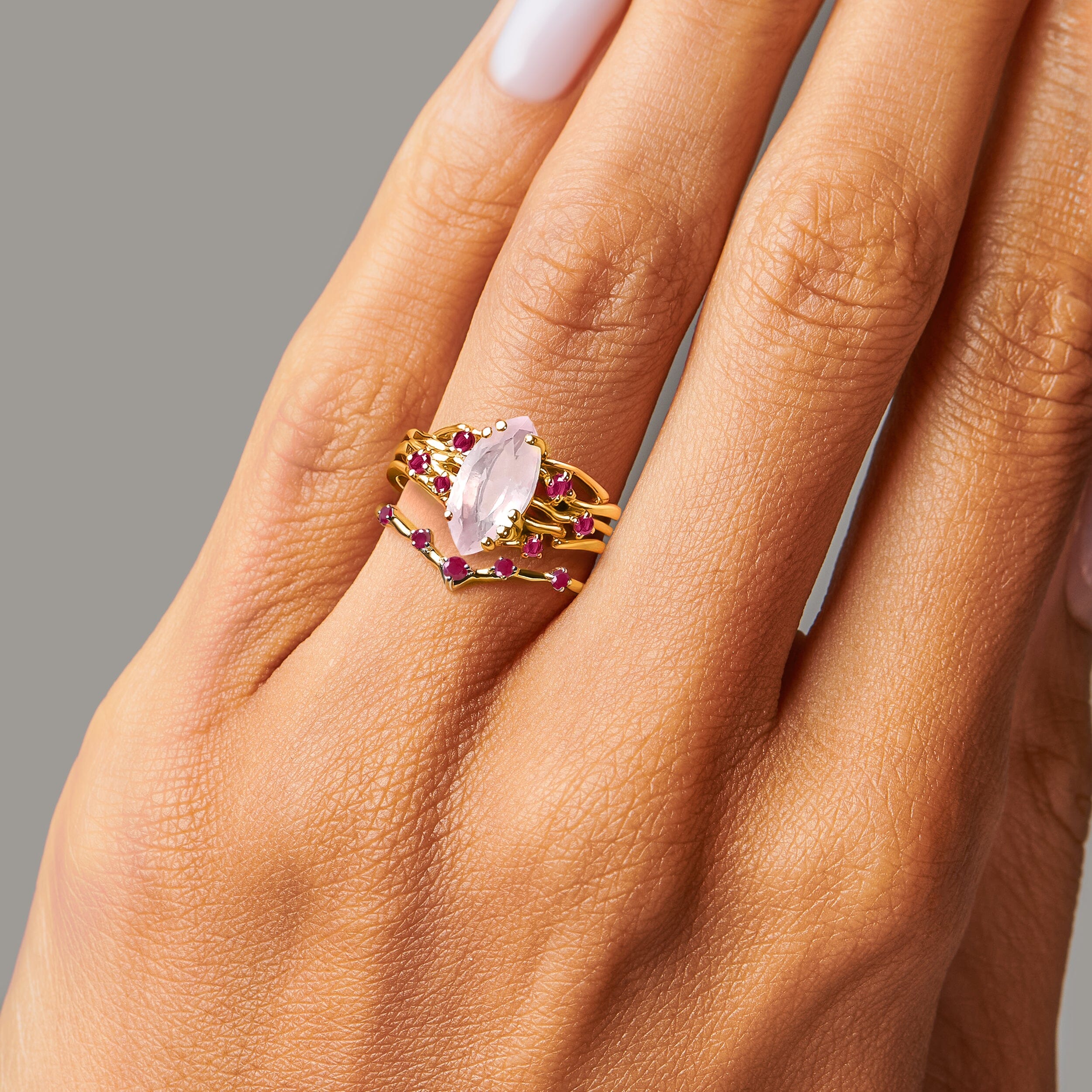 Rose Quartz Ruby Radiance Ring & Cosmic Crown Band - Image 9
